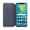 A blue flip case for a Huawei Mate 20 Pro phone, shown open with the phone screen displaying the home screen. Produktbild-Vorschau