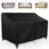 A black outdoor furniture cover is shown in the foreground, with three different outdoor sofas displayed in the background. Produktbild-Vorschau