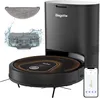 A black robot vacuum cleaner with a charging dock, a water tank, and a mop pad are displayed against a white background. A smartphone showing a map of a room is also visible. Produktbild-Vorschau