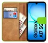 A book-style phone case with a Samsung Galaxy A17 5G phone inside, along with cards and euro banknotes. Produktbild-Vorschau