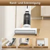 A wet dry vacuum cleaner is shown cleaning a floor near a wall and baseboard, with close-up insets demonstrating edge cleaning capabilities. Produktbild-Vorschau