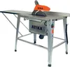 A table saw with an orange blade guard and a silver body, shown from a three-quarter angle. Náhled obrázku produktu