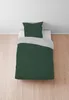 A top-down view of a single bed with dark green bedding and a light gray accent on the pillow and duvet. Produktbild-Vorschau