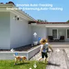 A child and a dog are in a yard with a security camera mounted on the house. The image highlights the camera's auto-tracking and intelligent detection features. Produktbild-Vorschau