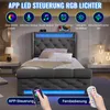 A bed with LED lights and a smartphone app control interface shown. Produktbild-Vorschau