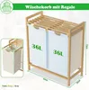 A product shot of a laundry basket with two compartments and a shelf on top, with dimensions indicated. Produktbild-Vorschau