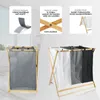 Collage of product images and feature callouts for a bamboo laundry basket. Produktbild-Vorschau