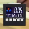 A digital alarm clock displaying the time, date, weather icons, temperature, and humidity. Produktbild-Vorschau