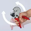 A hand holding a pipe cutter, demonstrating its use with arrows indicating rotation. Produktbild-Vorschau
