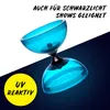 A turquoise diabolo is shown against a white and dark blue gradient background. Text overlays indicate features. Produktbild-Vorschau