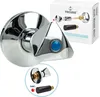 A chrome faucet part with a blue button, shown with its packaging and an inset showing included parts. Produktbild-Vorschau