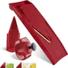 A red vegetable slicer and its attachments are displayed against a white background. Anteprima dell’immagine prodotto