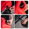 Collage of close-up shots showing details of a red leaf blower/vacuum/shredder. Produktbild-Vorschau
