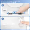 A split image showing how to detach a toilet seat for cleaning and then cleaning the toilet bowl. Produktbild-Vorschau
