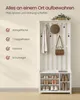 A white wooden coat rack with a shoe shelf, featuring a coat, a hat, and a handbag. Text highlights its features. Produktbild-Vorschau