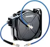 A black automatic hose reel with a blue hose, shown against a white background. Produktbild-Vorschau