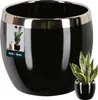 A black ceramic pot with a gold rim, shown with a small plant in a similar pot to the right. A product tag is attached to the left side of the pot. Náhľad obrázku produktu