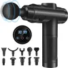 A black massage gun with multiple attachments and a digital display showing speed and battery level. Produktbild-Vorschau