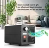 An ozone generator is shown in a living room setting with plants and a sofa in the background. Text overlays describe its features. Náhled obrázku produktu