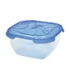A clear studio shot of a transparent plastic food storage container with a blue lid. Produktbild-Vorschau