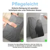 Two images showing how to clean a dark gray bath mat. The left image shows a hand cleaning the mat with a sponge. The right image shows water being rinsed off the mat from a showerhead. Text above describes the mat as easy to clean. Produktbild-Vorschau