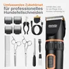 A collection of dog grooming tools, including a clipper, scissors, comb, and nail clippers, arranged on a light gray background. Produktbild-Vorschau