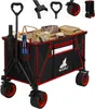 A black and red folding wagon filled with various items, including bags, bottles, and a basket, is shown against a white background. The wagon has large wheels and a handle. Produktbild-Vorschau