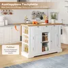A white kitchen island with a wooden countertop is shown in a kitchen setting. The countertop has an extension that can be folded out, indicated by dashed lines and an arrow. Produktbild-Vorschau