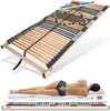 A composite image showing a slatted bed base and a person lying on a mattress, illustrating spinal support. The bed base is shown from a high angle, and the person is shown from the side, with their spine highlighted. Produktbild-Vorschau