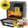 A black air fryer oven is shown with food inside, and promotional materials around it. Produktbild-Vorschau