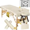 A collage of images showing a massage table and its accessories, including a headrest, armrests, a stool, and a carrying bag. Náhled obrázku produktu