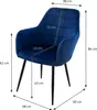 A dark blue velvet armchair with dimensions indicated by measurement lines and text. Náhled obrázku produktu
