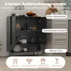 A black two-door storage cabinet with various kitchen items inside and on top, next to a light gray cabinet with drawers. Text overlays describe features. Podgląd zdjęcia produktu
