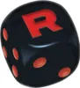 A black die with red pips and a red letter 'R' on one face, isolated on a white background. Produktbild-Vorschau