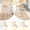 A collage of images showing a wooden indoor climbing frame with a slide, net, and ladder, with different configurations of the slide height labeled. Produktbild-Vorschau