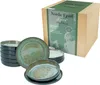 A set of Nordic Fjord Green stoneware plates and bowls is displayed next to its packaging. Produktbild-Vorschau