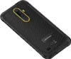 The back of a black Ulefone Armor X8 smartphone with a carbon fiber texture and a yellow camera module. Produktbild-Vorschau