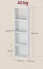 A white four-tier bookshelf with dimensions shown. Produktbild-Vorschau