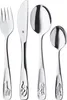 A set of four stainless steel children's cutlery pieces, each decorated with an animal motif on the handle. Náhľad obrázku produktu