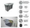A collage of images showing a dark gray hanging trash bin with its lid open and filled with food scraps, and a separate image of the bin without contents, along with diagrams and text detailing its features and dimensions. Produktbild-Vorschau