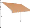 A retractable awning with orange, blue, and gray stripes, supported by white poles. Anteprima dell’immagine prodotto