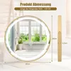 A round, gold-framed mirror with integrated LED lighting is shown in a bathroom setting, with dimensions indicated. Anteprima dell’immagine prodotto