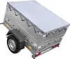 A silver utility trailer with a gray tarp cover, shown from a high angle. Produktbild-Vorschau