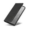 A black flip cover phone case is shown at an angle, partially open to reveal a smartphone screen. Produktbild-Vorschau