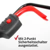 Close-up of a red and black handle with a red button and text overlay. Produktbild-Vorschau