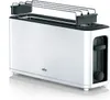 A white Braun long slot toaster with a chrome warming rack on top, shown on a white reflective surface. Náhled obrázku produktu