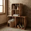Wooden crates used for storage, with books, blankets, and firewood. Náhled obrázku produktu