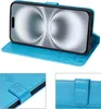 A blue flip case for a smartphone, shown from multiple angles. Produktbild-Vorschau
