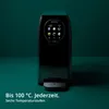 A black water dispenser with a digital display and touch controls, set against a dark green background. Produktbild-Vorschau