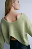 A woman wearing a light green knitted sweater, shown from the back. Produktbild-Vorschau